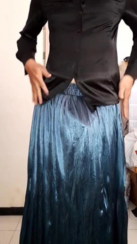Crossdresser Cumming Wearing Satin Silk Blouse and Shiny Skirt