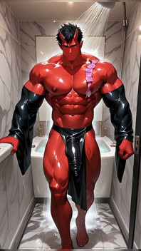 Oni ปีศาจเดี่ยวปั๊มเดี่ยวกับถุงยางยืดแน่นในห้องน้ําหินอ่อน
