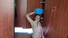 Inked butterfly: Dumb Tied up Bitch Humiliating Herself as She Eats Her...