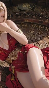 Rainha loira em vermelho! Sentado à beira da fonte, ajustando seu vestido de fenda. Olhos trancados em você.