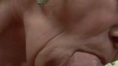 Cock hungry granny with big tits in fishnets fucks my dick with hairy pussy until I cum