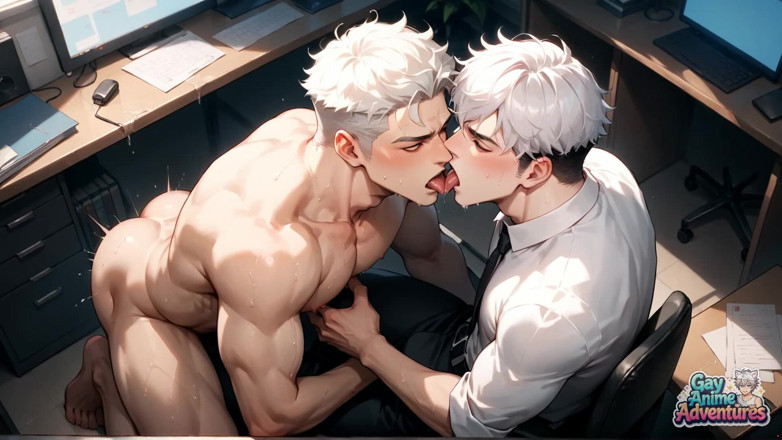 Gay Anime Adventures: 사무실 책상에서 근육질의 남자가 활짝 벌려지는 환상적인 XXX 법. 쩌는 핫한 누드 포르노 타임!
