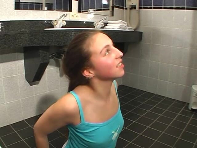 Lucky Cooch: Stockinged brunette fucked hard in the bathroom
