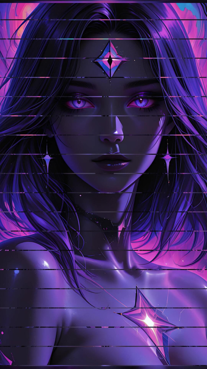 VelvetInk Studio: Zeița cosmică mistică cu ochi strălucitori violeti dark fantasy Ai...