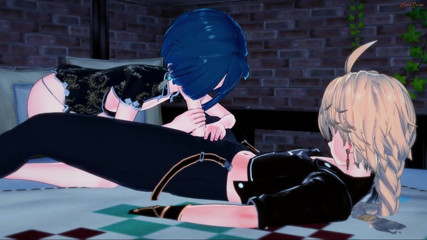Hentai Smash: Netter femboy Xingqiu wird von Anbinder im garten gefickt.