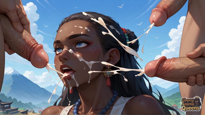 Ebony Anime Queens: Regina Deep Throats Mountain Sky în film porno cu nuanță întunecată.