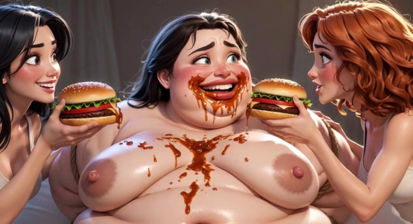 Anime Hentai: Obesa brutta schiava coperta di cibo - umiliata da splendide mistresses