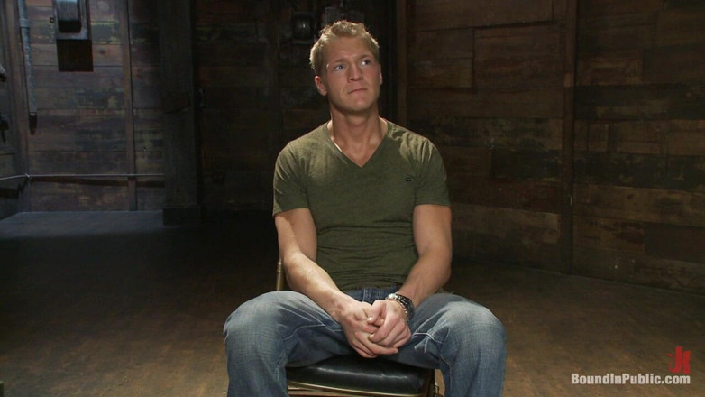 Bound in public: Blond Muscle Stud Blindfolded, Flogged, Humiliated and Fucked in