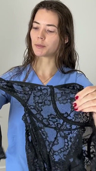 Trying on Lace Bodysuit and Nylon Stockings with Ceil Blue Scrubs Uncut Bts