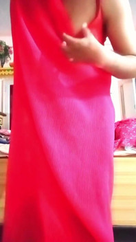 Indian Gay Crossdresser Gaurisissy Pressing Her Big Boobs in Pink Saree