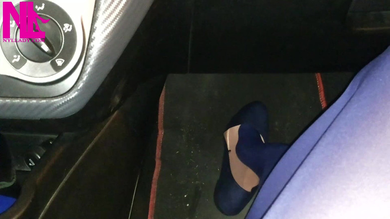 Nyllady: Dangling in Blue Pantyhose and Blue Flats on a Gas...