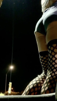 Sexy ass tight jean shorts and fishnets on outdoor display hot sissy TS