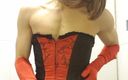 Jessica XD: 淫荡的黑发女郎炫耀她的阴户xxx黑色红色紧身胸衣，丝袜，6条吊带，蕾丝内衣，红色歌剧缎面手套