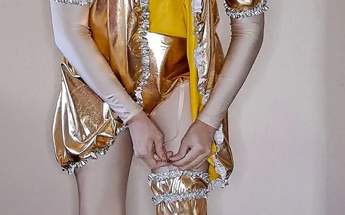 Pup Zentai: Shiny gold maid dress up