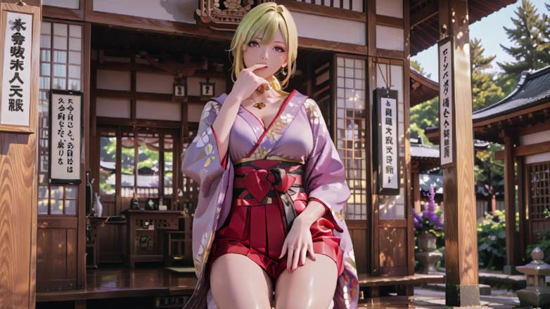Seraphina Vale: Zeiță blondă în coridorul japonez, Gaze leneșe, Mână pe șolduri, lumina soarelui...