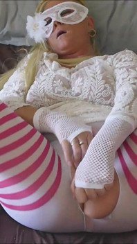 Close up Toy Fucking My Tight Wet Cunt in Ripped Striped Tight in a Mask & Gloved