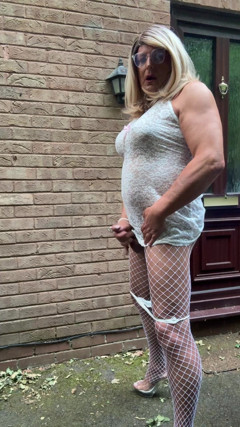 Sexy Crossdresser Kellycd2022 in White Lace Outfit Fishnet Pantyhose and Heels