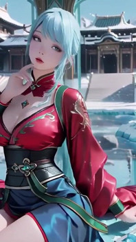 Ice Throne! Silver-haired Mage in Red-green Gown Kneeling, Blue-haired Partner Teasing in Snowy Realm!