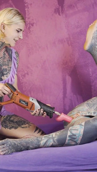 Anal Fuckmachine Destroys Cute Tattoo Girls Asshole - Lesbian Squirt Action