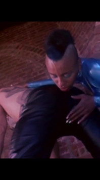 Ebony in leather fucked hard by two dudes