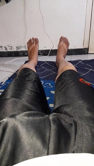 Wearing Satin Pink Lingerie Inside Shorts and Cum Into It