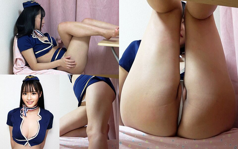 View From Under the Desk, Japanese Flight Attendant with No Bra Natural Boobs, Mini Skirt and Micro Thong Panties (Gals apartment)