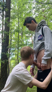 Teen twinks Matty and Aiden were almost caught when they had an outdoor blowjob
