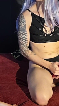 Purple Hair Cam Girl Peggs Boy Toy in Black Thong