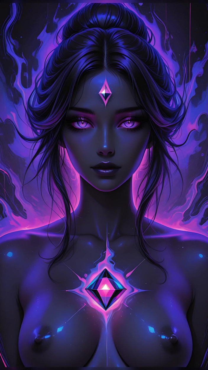 VelvetInk Studio: Mystická kosmická bohyně se zářícími fialovými očima, dark fantasy Ai...