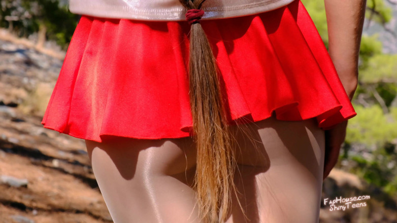 Shiny teens: 585 Shiny pantyhose and red spandex miniskirt in mountain