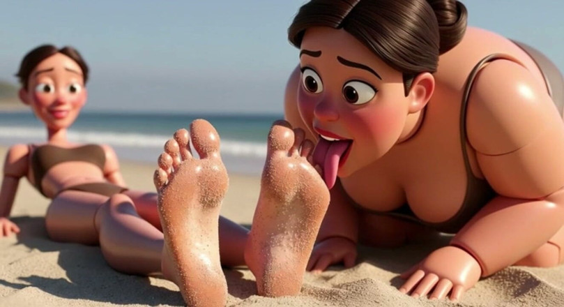 YOUR BEST FANTASY: Fat Woman Licking Sandy Feet of Skinny Girl - Beach Humiliation