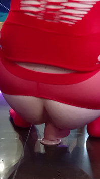 Just the View From Behind. Red Stockings, Open Hole, and a Dildo Waiting on the Floor