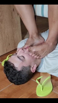 Face Footstool Slave Cleans Dirty Flip Flops and Cums on Flip Flops and Has to Lick It