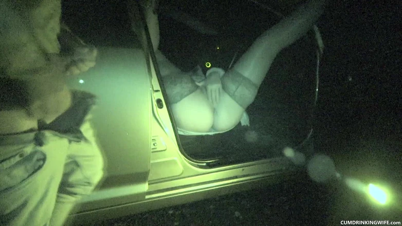 Cumdrinking Wife: Parking Lot Gangbang Filmed with Nightshot Cam