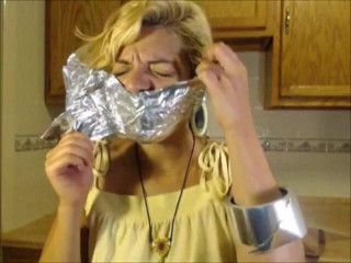 Selfgags classic: Rosalyn receives her worn panty delivery! *huge tape gag*