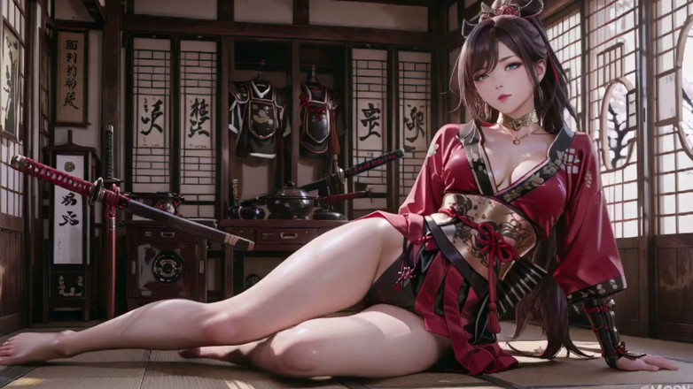 Seraphina Vale: RödbrunA Samurai! Rödhårig krigare knäböjer i solen