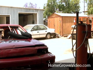 Homegrown Outdoor Sex: Jizelle takes hard doggy style out in the garage