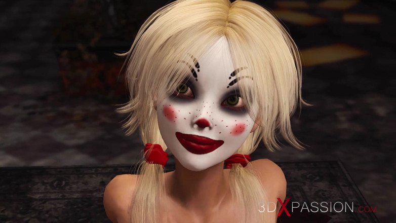 3dxpassion: ジョーカーは、放棄された部屋でピエロのマスクでかわいいセクシーなブロンドをラフに前髪