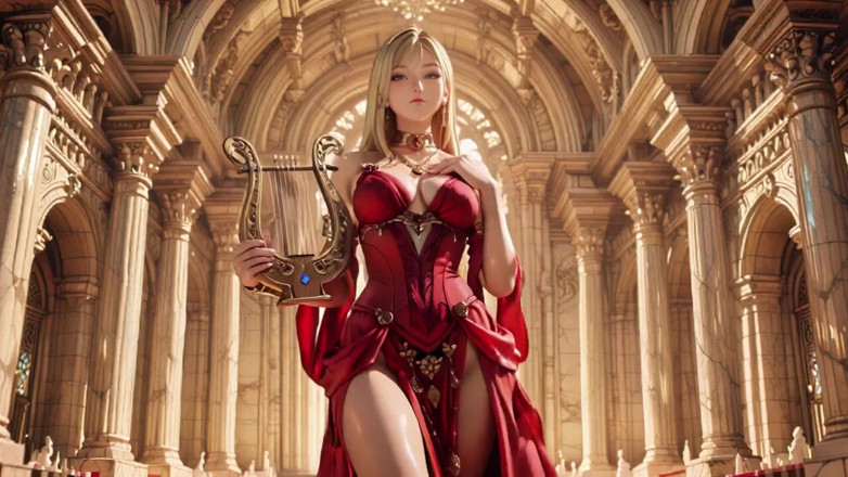 Seraphina Vale: Blond królowa w czerwieni! Siedząc przy fontannie, dostosowując swoją rozciętą...