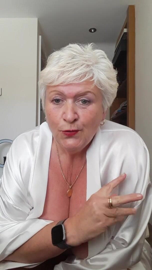 Uk Joolz: Dressing gown, white girdle &amp; tan stocking pussy tease.