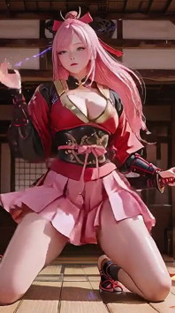 Crimson samouraï ! Une guerrière aux cheveux roses s’agenouille sur La Feuille de Guerre, s’agenouille en kimono à fentes hautes pour révéler ses cuisses enneigées.