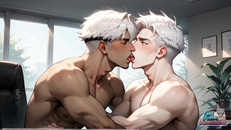 Gay Anime Adventures: オフィスデスクでの素晴らしいXXXアクト、筋肉男が大きく開いた。超スチージー超ホットなヌードポルノの時間だ!