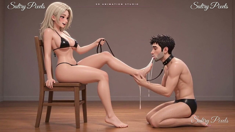 Sultry Pixels 3D: Lange latex blondine leidt haar man met kraag aan de...