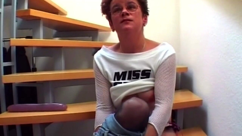 XXXEROTICONLY: Mature Slut Stuffs Dildo Deep in Dripping Pussy on Stairs