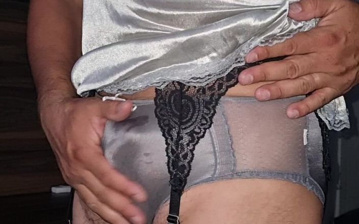 Sexy shinny clothes: Sexy grijze metalen nylonslip met bijpassende slip en bh