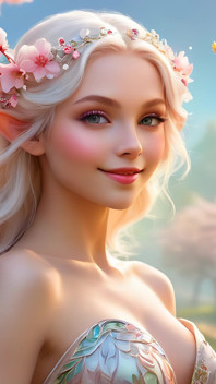 Wanita bogel tersenyum memegang Cherry Blossom, Memakai Opal-Pearl White Diamond Jewelry - Tayangan Slaid Ai
