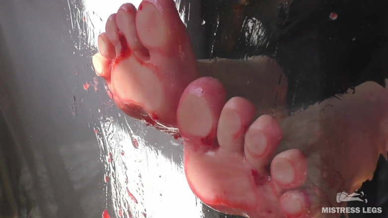 Mistress Legs: Mistress barefoot soles rubbing against the glass and squeezing strawberries