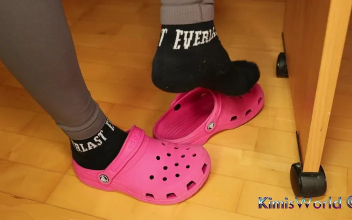 KimisWorld: Under Desk Foot Play - Pink Clogs and Worn Socks