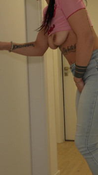 Desperately Wetting Jeans in Front of Busy Bathroom