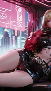 Chaqueta de cuero rojo brillando bajo la lluvia de neón, pose arrodillado que rompe la armadura